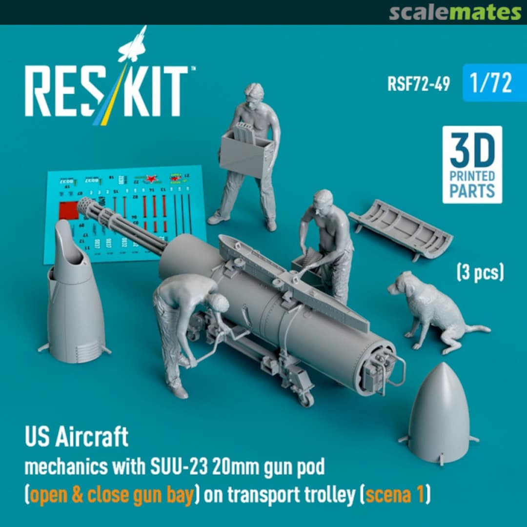 Boxart US Aircraft mechanics with SUU-23 20mm gun pod (open & close gun bay) on transport trolley (scene 1) (3 pcs) RSF72-0049 ResKit