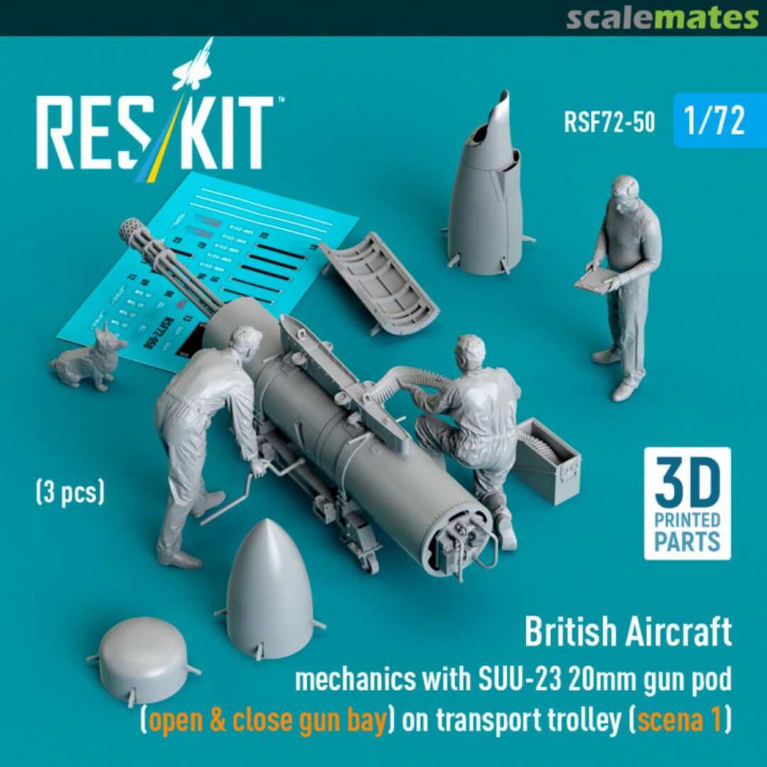 Boxart British Aircraft mechanics with SUU-23 20mm gun pod (open & close gun bay) on transport trolley (scene 1) (3 pcs) RSF72-0050 ResKit