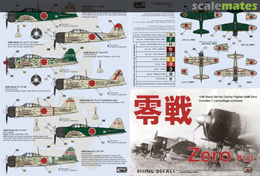 Boxart A6M Zero (7x camo schemes) - Part II. 48021 Rising Decals