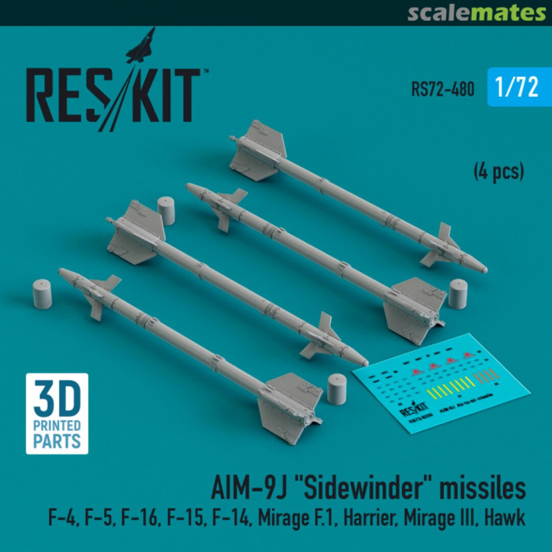 Boxart AIM-9J Sidewinder missiles (4 шт.) (F-4, F-5, F-16, F-15, F-14, Mirage F.1, Harrier, Mirage III, Hawk) (3D Printed) RS72-0480 ResKit