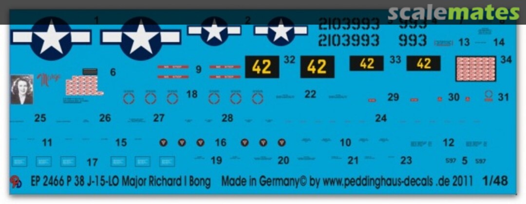 Boxart P 38 J-15-LO Major Richard I Bong EP 2466 Peddinghaus-Decals