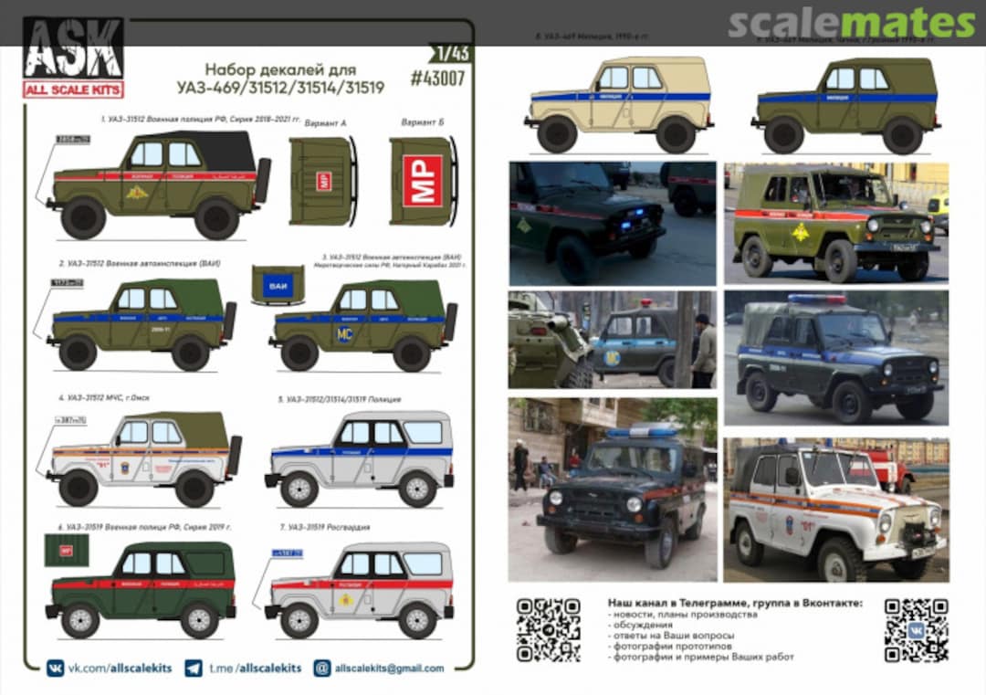 Boxart UAZ-469/31512/31514/31519 decal set 43007 All Scale Kits