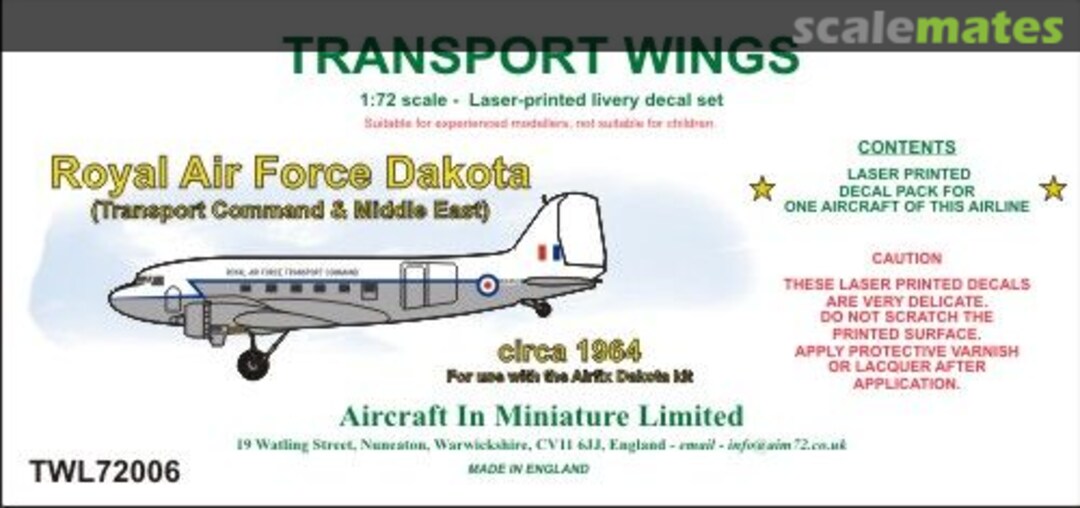 Boxart Royal Air Force Dakota (Transport Command & Middle East) (circa 1964) decal set. TWL72006 Aircraft In Miniature Ltd