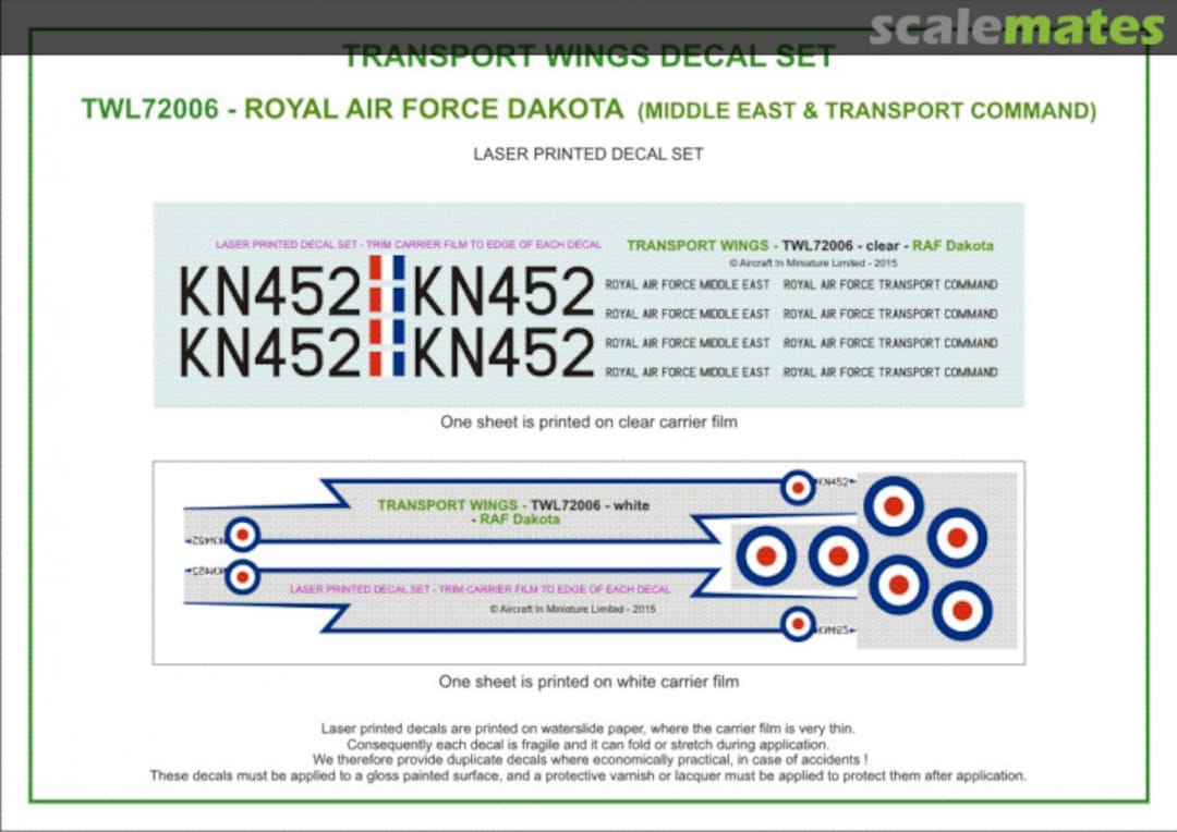 Contents Royal Air Force Dakota (Transport Command & Middle East) (circa 1964) decal set. TWL72006 Aircraft In Miniature Ltd