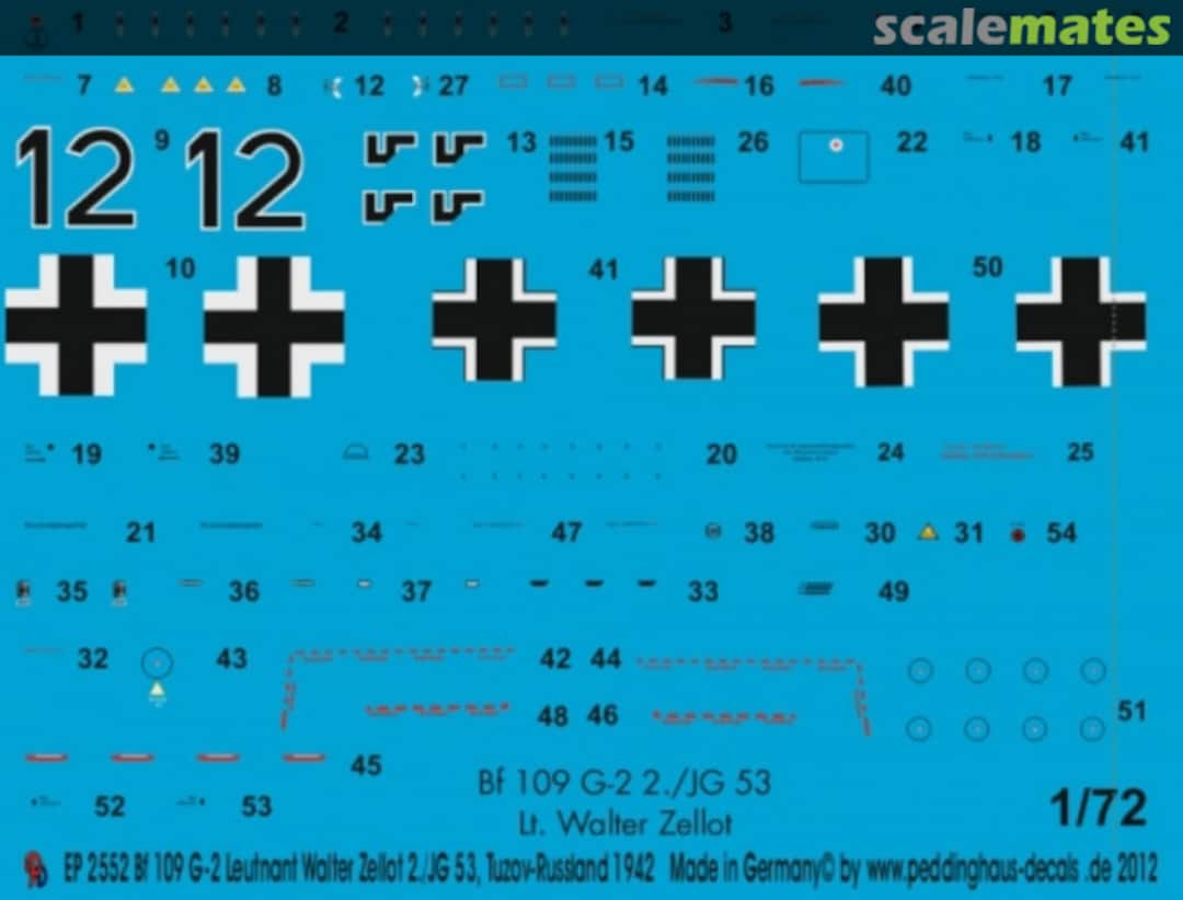 Boxart Bf 109 G-2 Lt. Walter Zellot, 2./JG 53, Tuzov-Russland, August 1942 EP 2552 Peddinghaus-Decals
