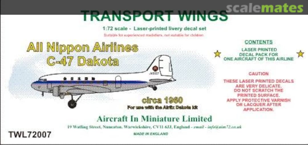 Boxart All Nippon Airways C-47 Dakota (circa 1960) decal set. TWL72007 Aircraft In Miniature Ltd