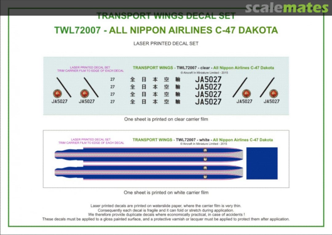 Contents All Nippon Airways C-47 Dakota (circa 1960) decal set. TWL72007 Aircraft In Miniature Ltd