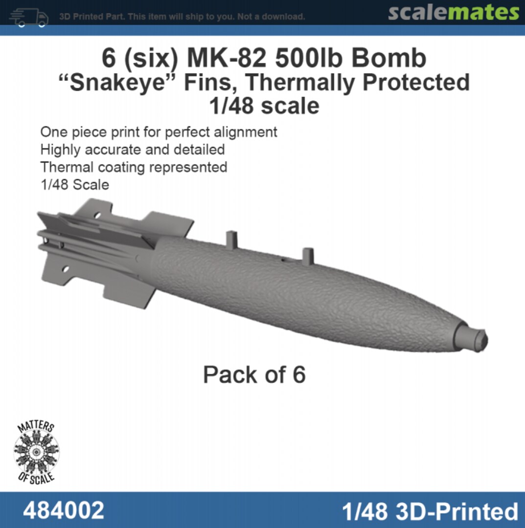 Boxart MK-82 500lb bomb, "Snakeye" Fins, Thermally Protected, Pack of 6 :: 3D Print 484002 Matters of Scale