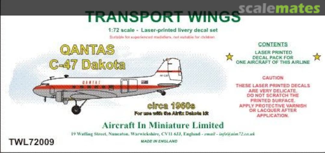 Boxart QANTAS C-47 Dakota (circa 1960) decal set. TWL72009 Aircraft In Miniature Ltd