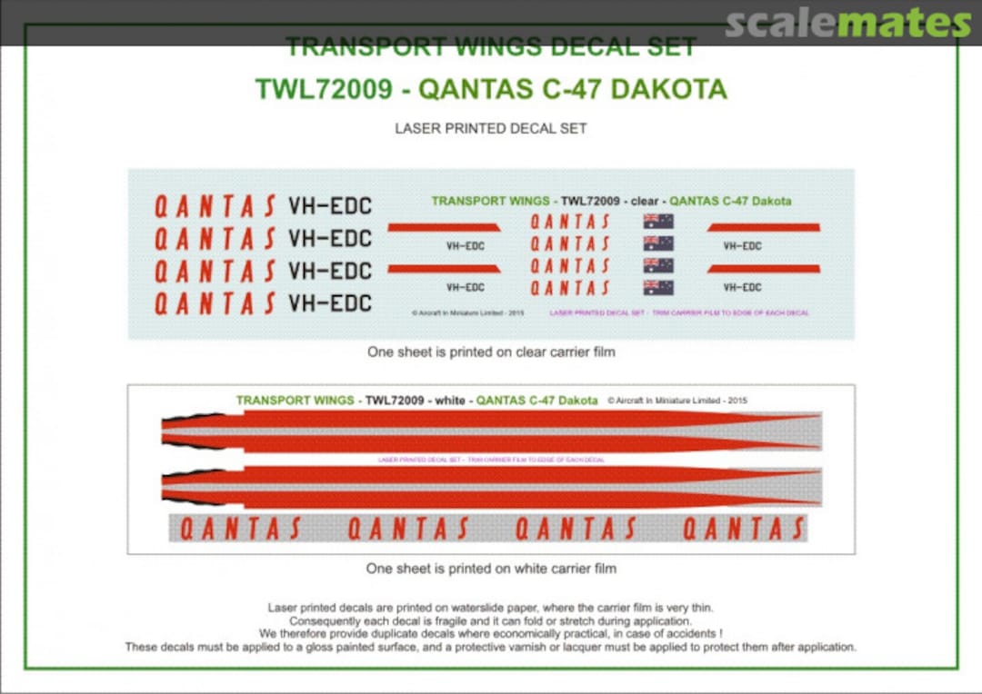 Contents QANTAS C-47 Dakota (circa 1960) decal set. TWL72009 Aircraft In Miniature Ltd