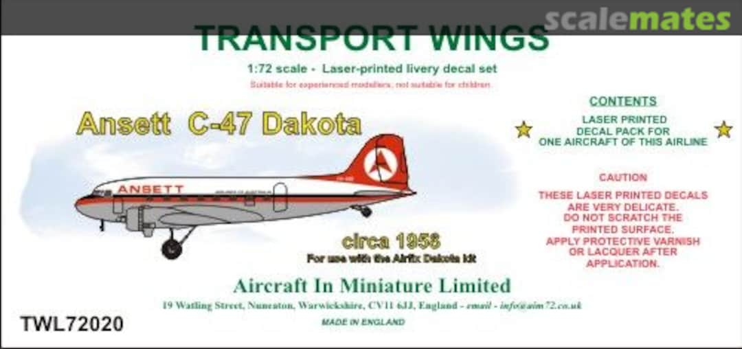 Boxart Ansett C-47A Dakota (circa 1958) decal set. TWL72020 Aircraft In Miniature Ltd