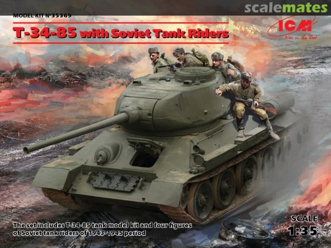 Boxart T-34-85 with Soviet Tank Riders 35369 ICM