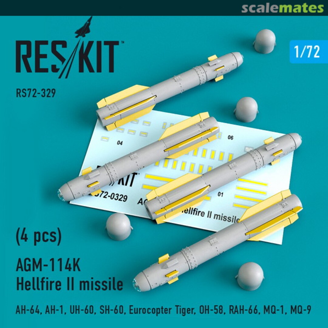 Boxart AGM-114K Hellfire II missiles (4 pcs) (AH-64, AH-1, UH-60, SH-60, Eurocopter Tiger, OH-58, RAH-66, MQ-1, MQ-9) RS72-0329 ResKit