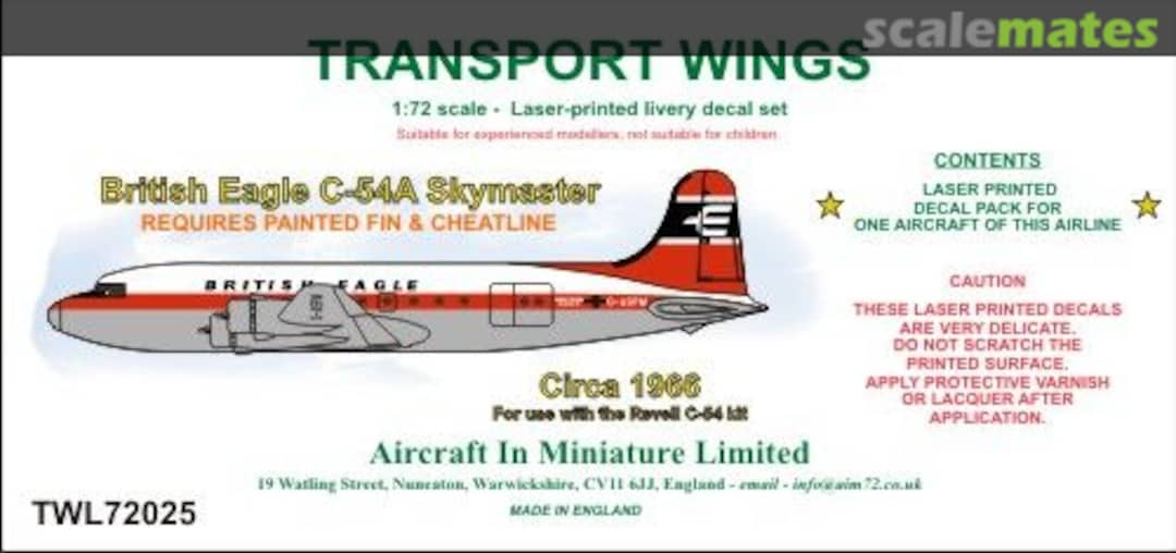 Boxart British Eagle Douglas C-54A Skymaster (circa 1966) decal set. TWL72025 Aircraft In Miniature Ltd