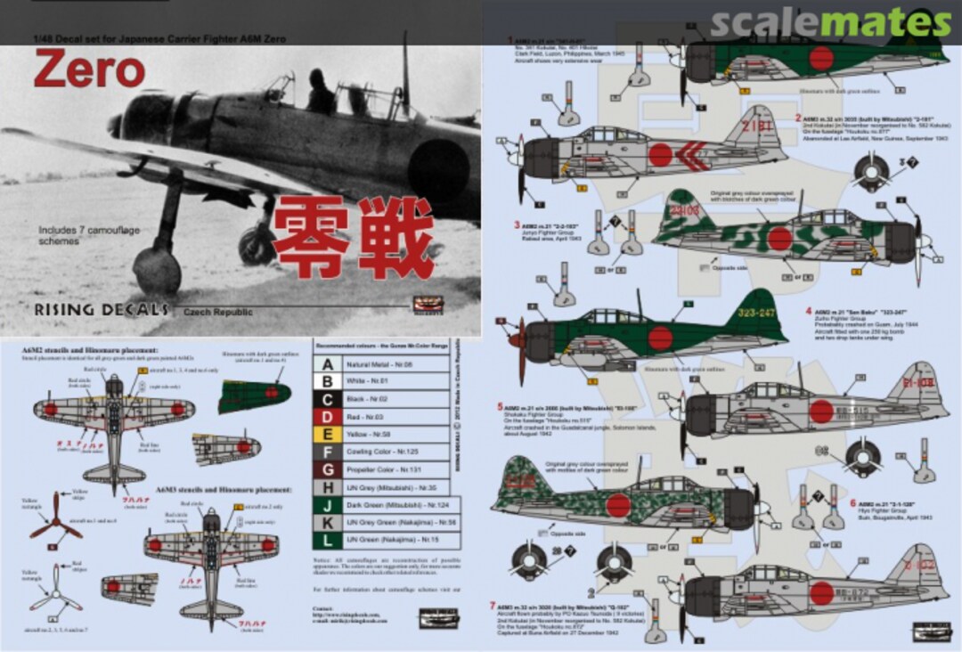 Boxart A6M Zero (7x camo schemes) 48015 Rising Decals