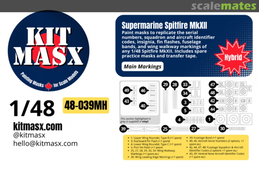 Boxart Supermarine Spitfire Mk.XII, main markings masks 48-039MH Kit Masx