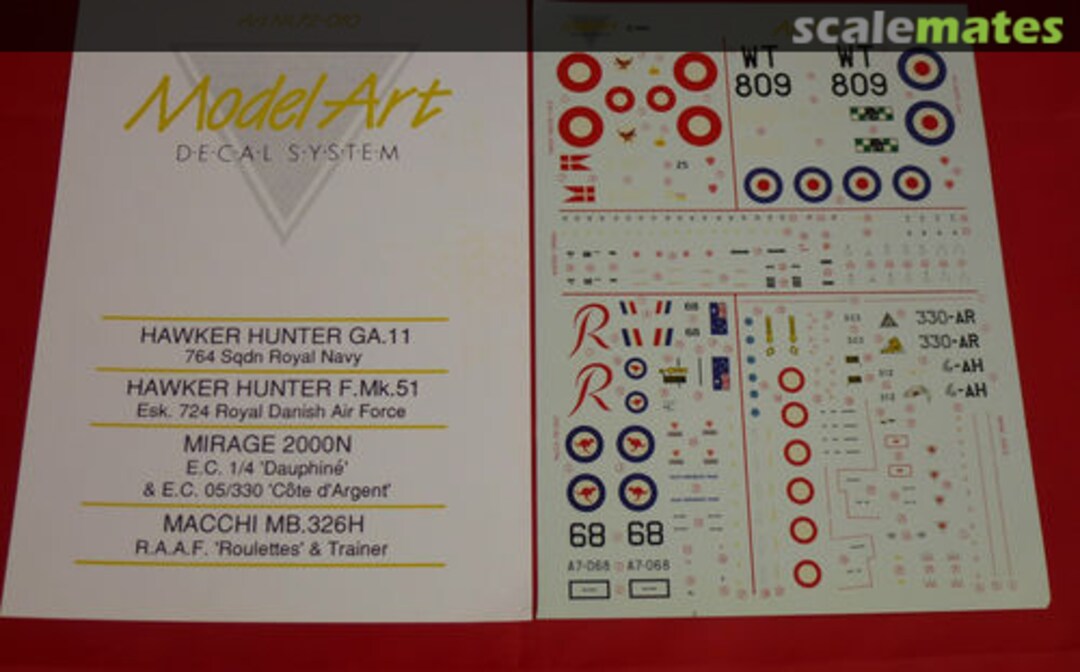 Boxart Hawker Hunter GA.11, Dassault Mirage 2000N, Macchi MB.326H 72/010 Model Art Decal System