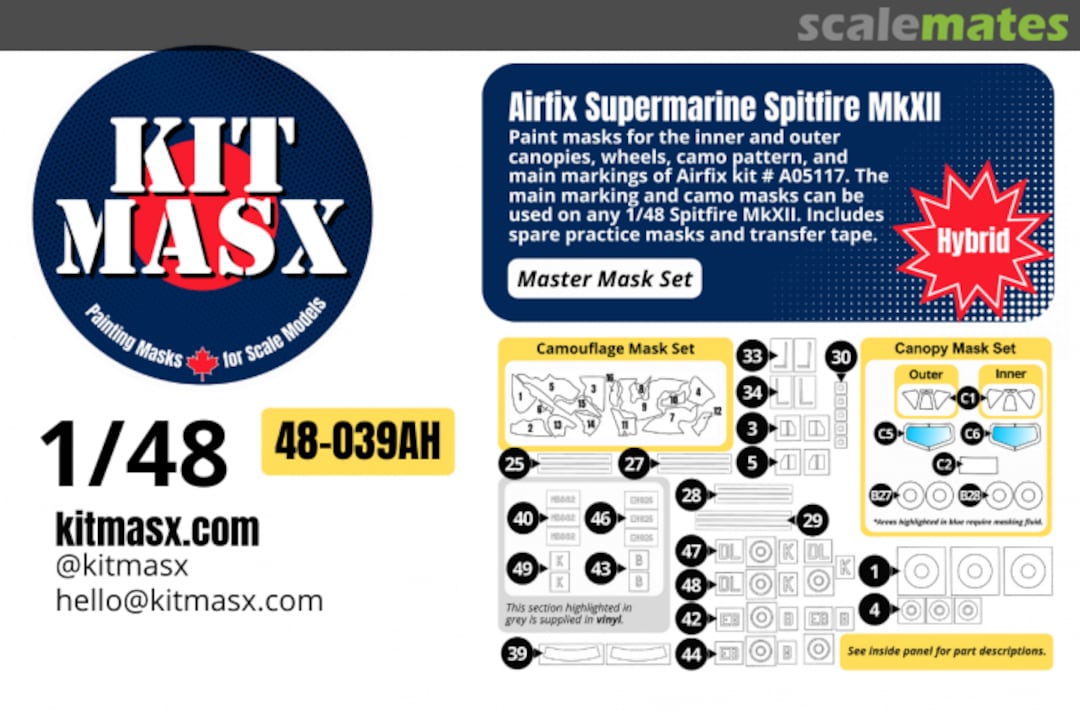 Boxart Supermarine Spitifire Mk.XII, master mask set 48-039AH Kit Masx