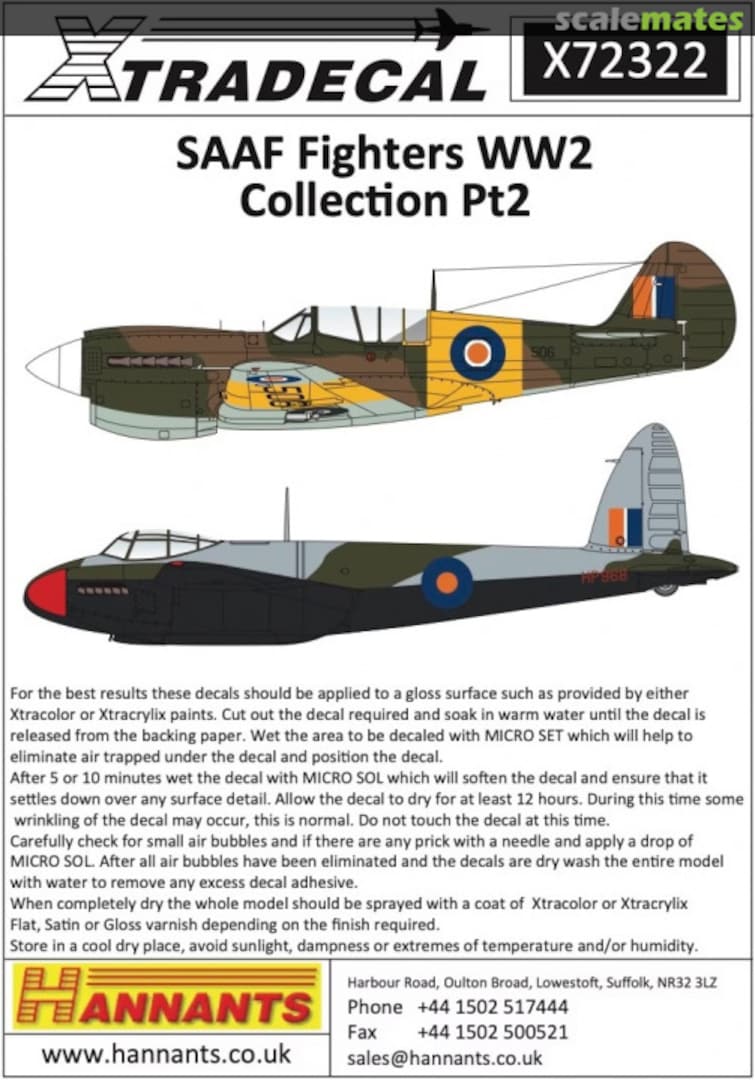 Contents SAAF Fighters WW2 Collection X72322 Xtradecal