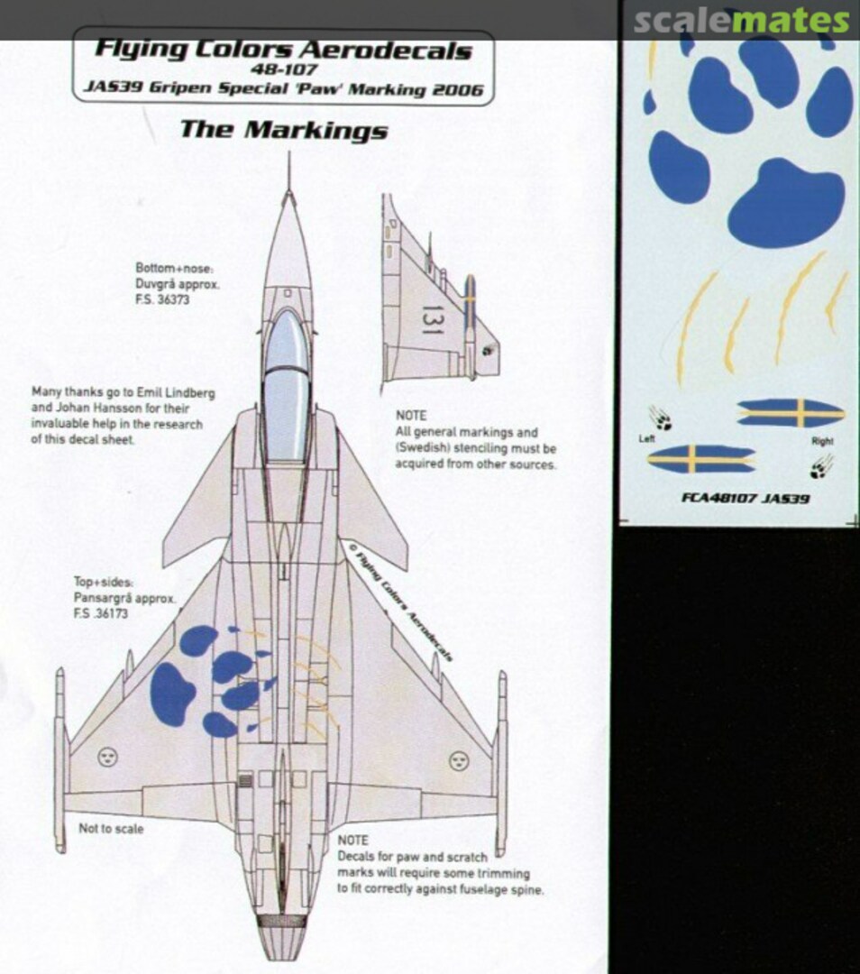 Contents JAS39 Gripen : Special 'Paw' Marking : 2006 48-107 Flying Colors Aerodecals