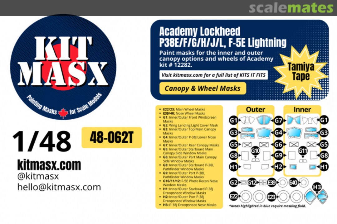 Boxart Lockheed P-38E/F/G/J/L, F-5E 'Lightning', canopy & wheel masks 48-062T Kit Masx