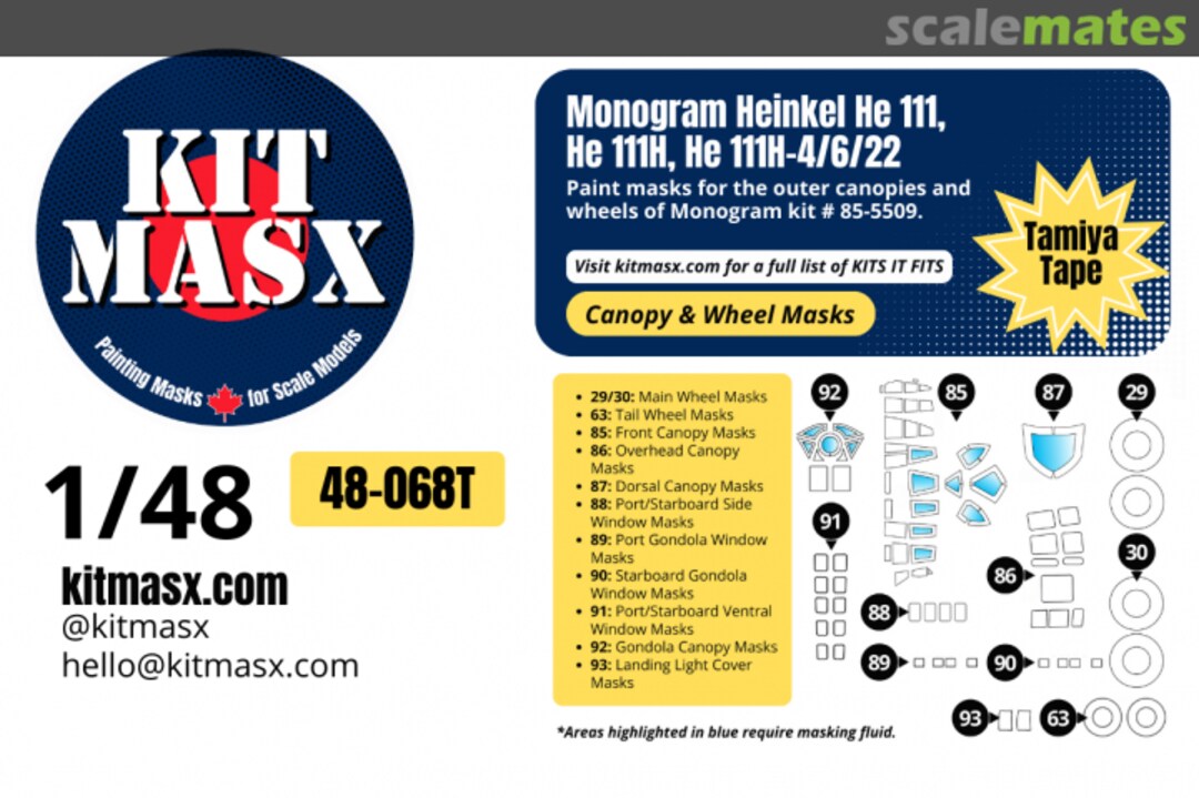 Boxart Heinkel He 111, He 111H, He 111H-4/6/22, canopy & wheel masks 48-068T Kit Masx