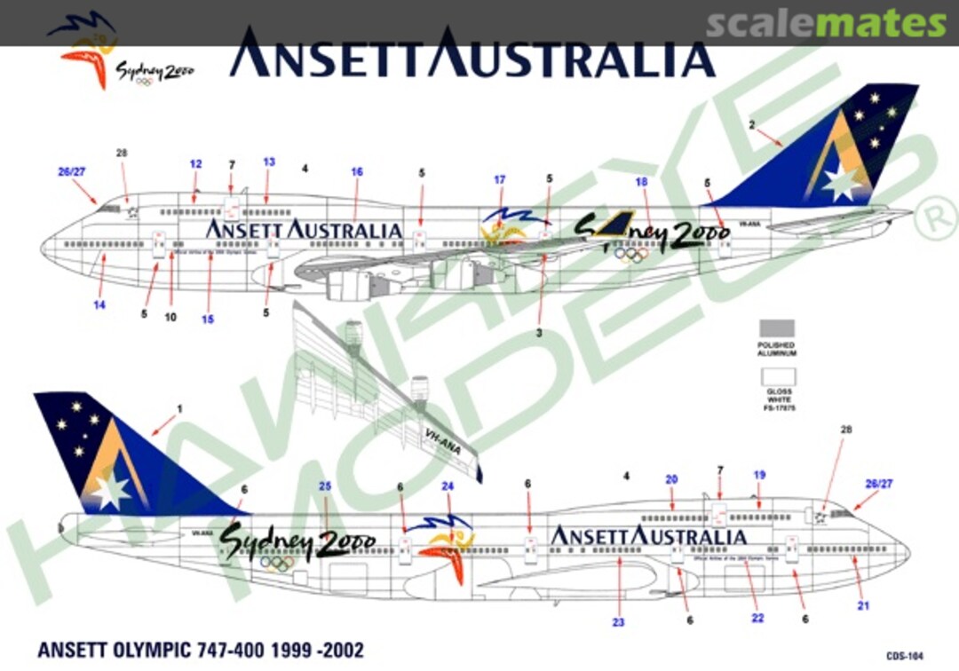 Boxart Ansett, Boeing 747-400, 2000 Olympics scheme CDS-104 Hawkeye Models