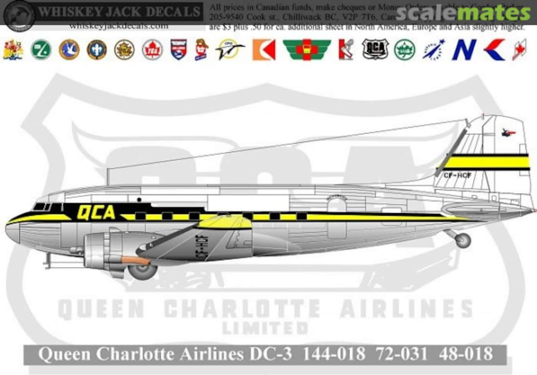 Boxart Queen Charlotte Airlines DC-3 72-031 Whiskey Jack Decals