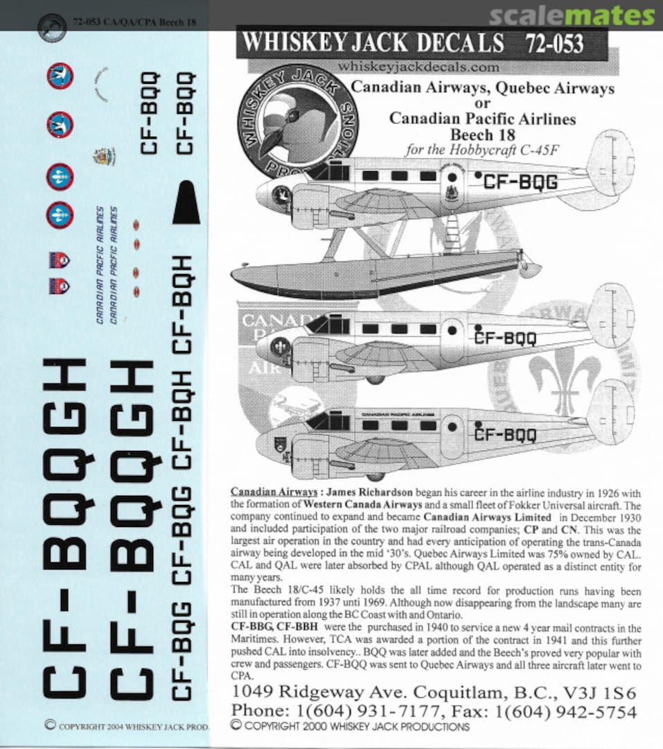 Boxart Canadian Airways Beech 18 72-053 Whiskey Jack Decals