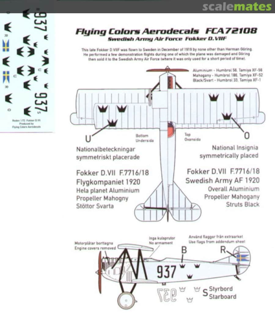 Boxart Swedish Army Air Force Fokker D.VIIF 72108 Flying Colors Aerodecals