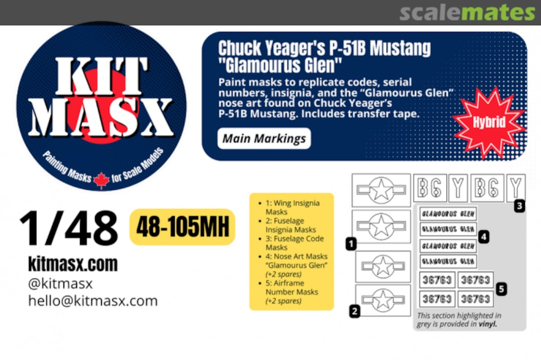 Boxart Chuck Yeager's P-51B Mustang "Glamorous Glenn", main marking masks 48-105MH Kit Masx