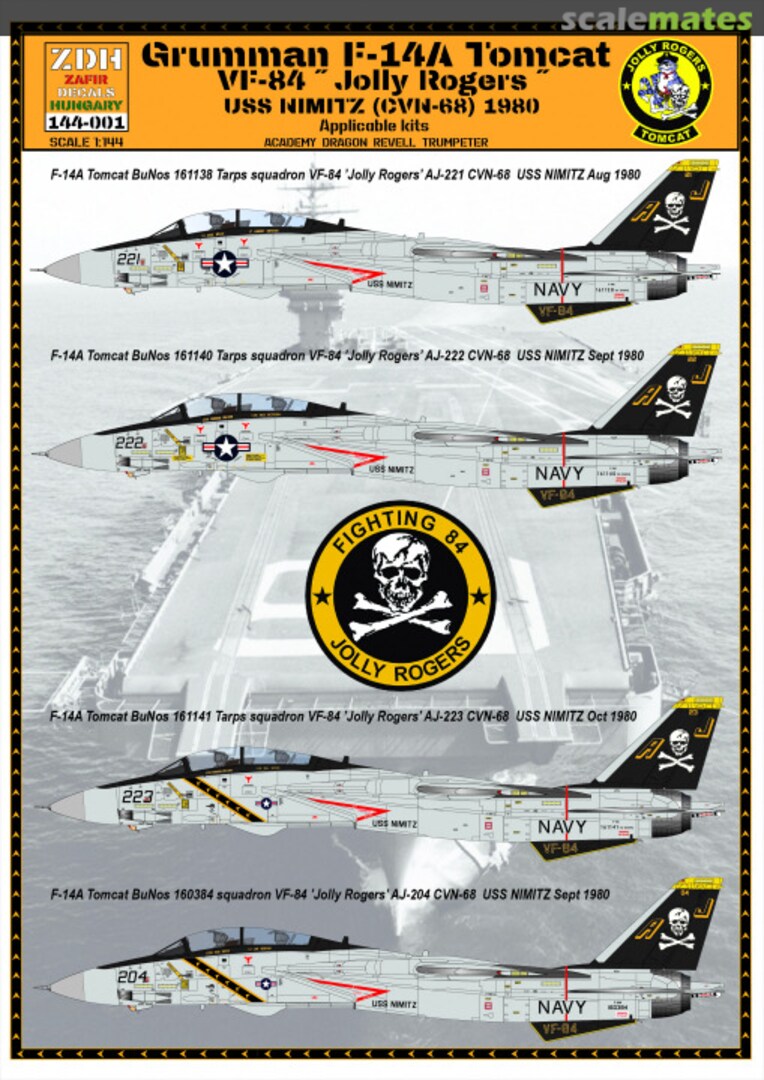 Boxart Grumman F-14A Tomcat VF-84 "Jolly Rogers" CVN-68 USS NIMITZ 1980 144-001 ZDH Decals