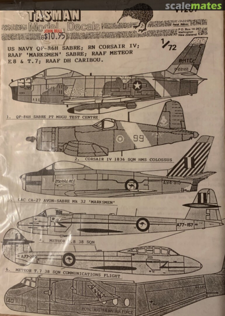 Boxart US Navy QF-86H; RN Corsair IV; RAAF Marksmen Sabre; RAAF Meteor F.8 & T.7; RAAF D.H. Caribou V7207 Tasman Model Products