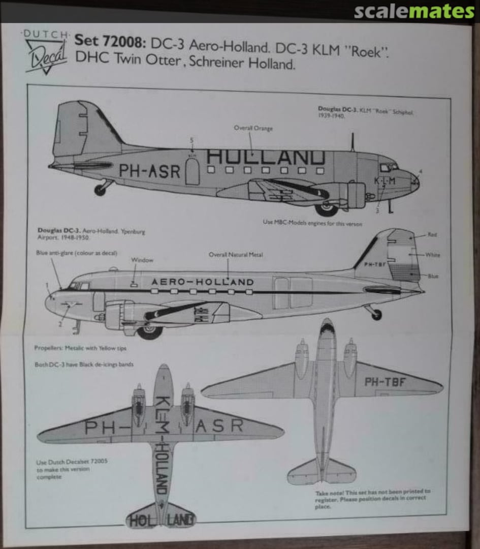 Boxart DC-3 Aero Holland. DC-3 KLM "Roek". DHC Twin Otter , Schreiner Holland. 72008 Dutch Decal