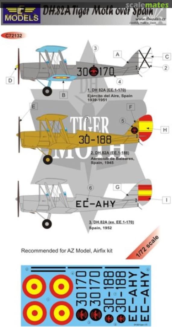 Boxart de Havilland DH.82A Tiger Moth over Spain (markings for 3 aircraft) C72132 LF Models