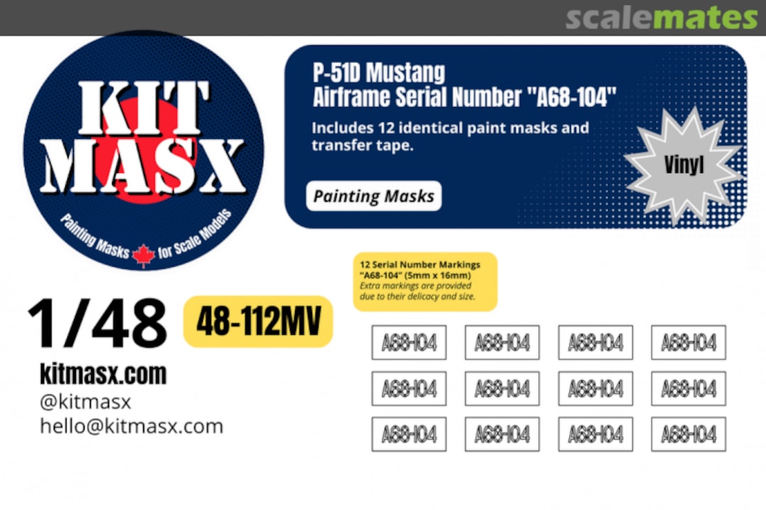 Boxart P-51D Mustang Airframe Serial Number "A68-104", main markings masks 48-112MV Kit Masx