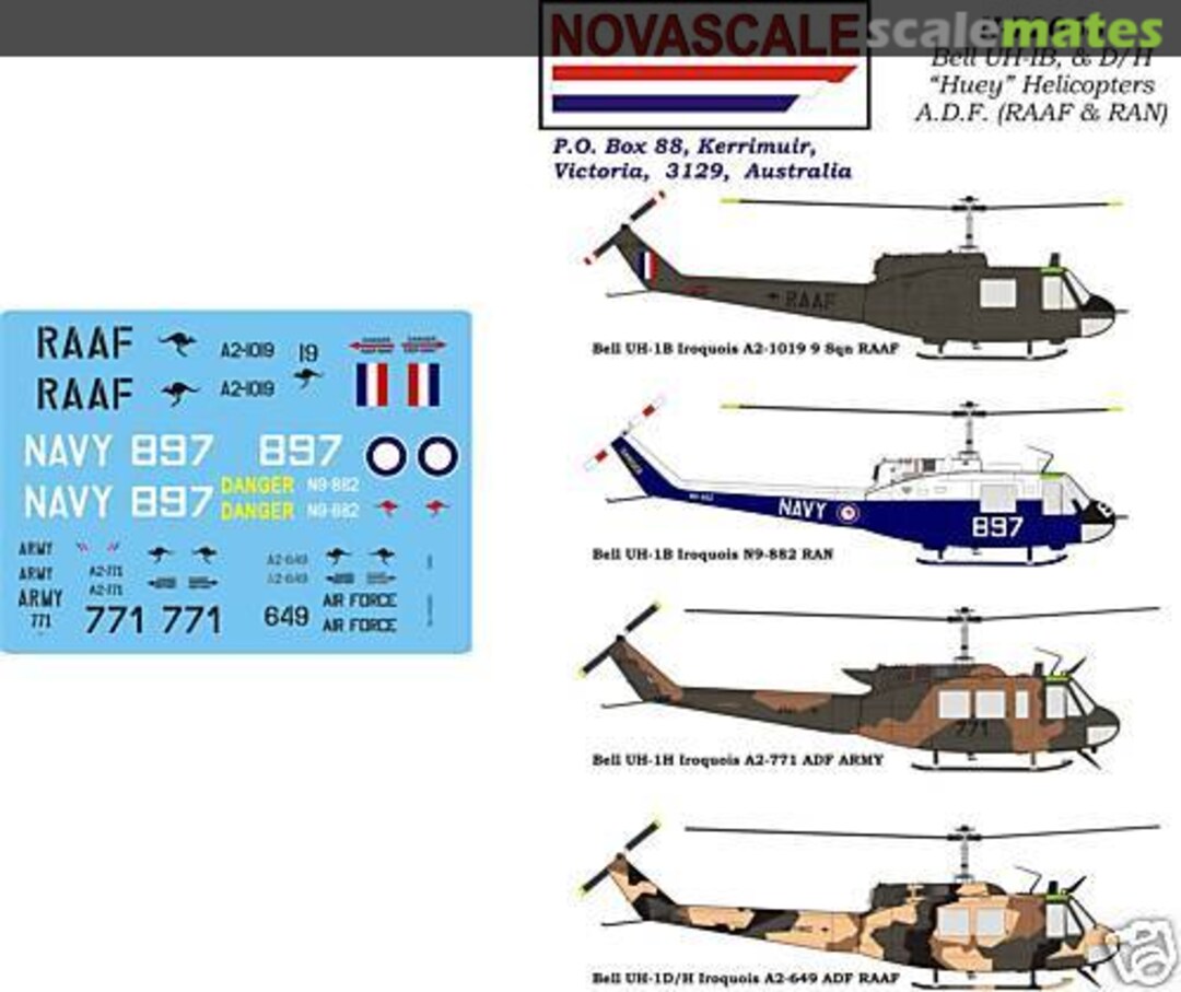 Boxart Bell UH-1B &D/H "Huey" Helicopters A.D.F. (RAAF & RAN) N-72063 Novascale