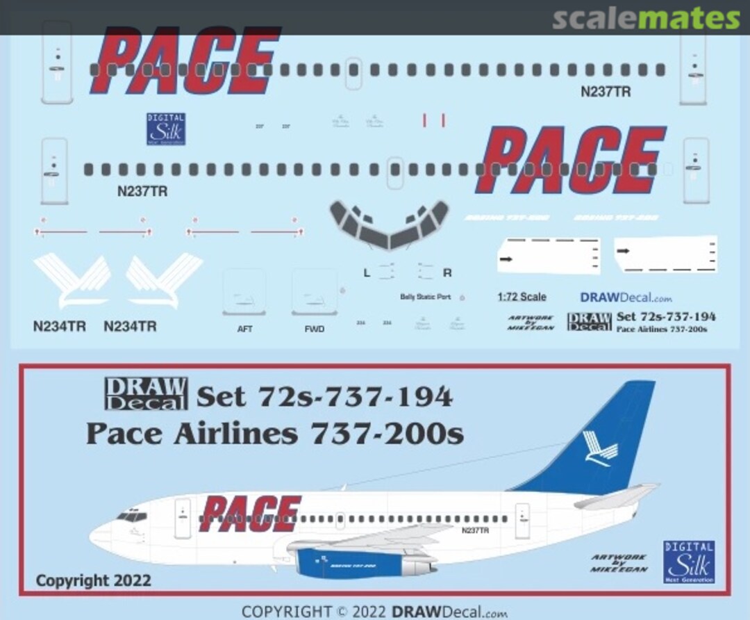 Boxart Pace Airlines 737-200s 72-737-194 Draw Decal