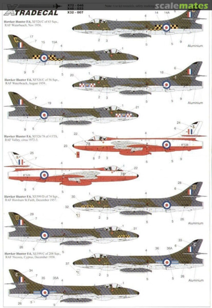 Boxart Hawker Hunter F6 12, 56, 74 and 208 Sqns, 78 Sqn/4FTS, 111 Sqn Black Arrows Leader X32-007 Xtradecal