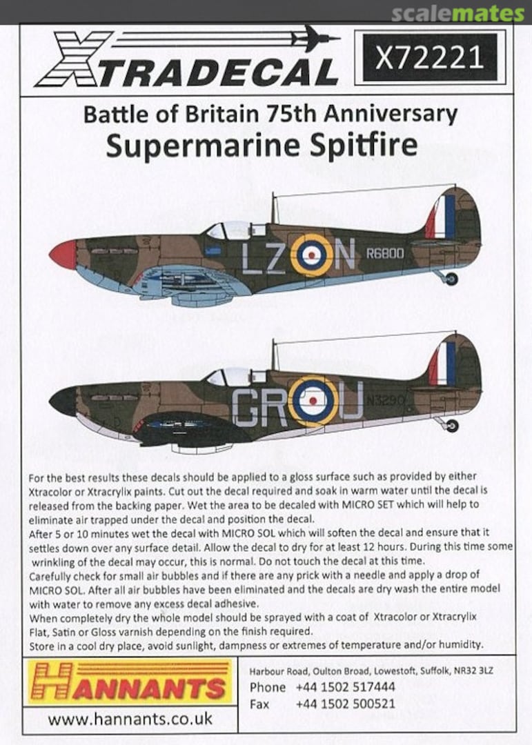 Contents Battle of Britain 75th Anniversary X72221 Xtradecal