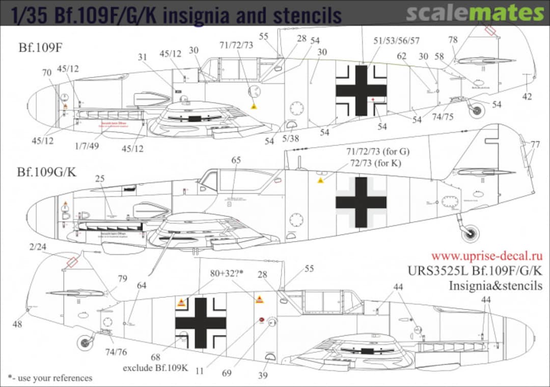 Boxart Messerschmitt Bf 109F/G/K insignia and stencils URS3525L UpRise Decal Serbia