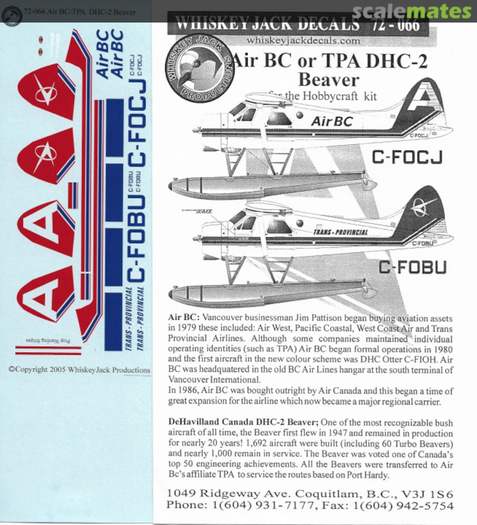 Boxart Air BC or TPA DHC-2 Beaver 72-066 Whiskey Jack Decals