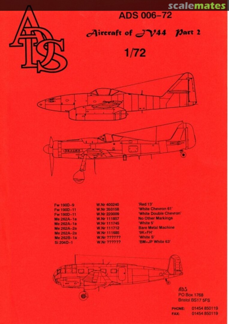 Boxart Aircraft of JV44 006-72 ADS Decals