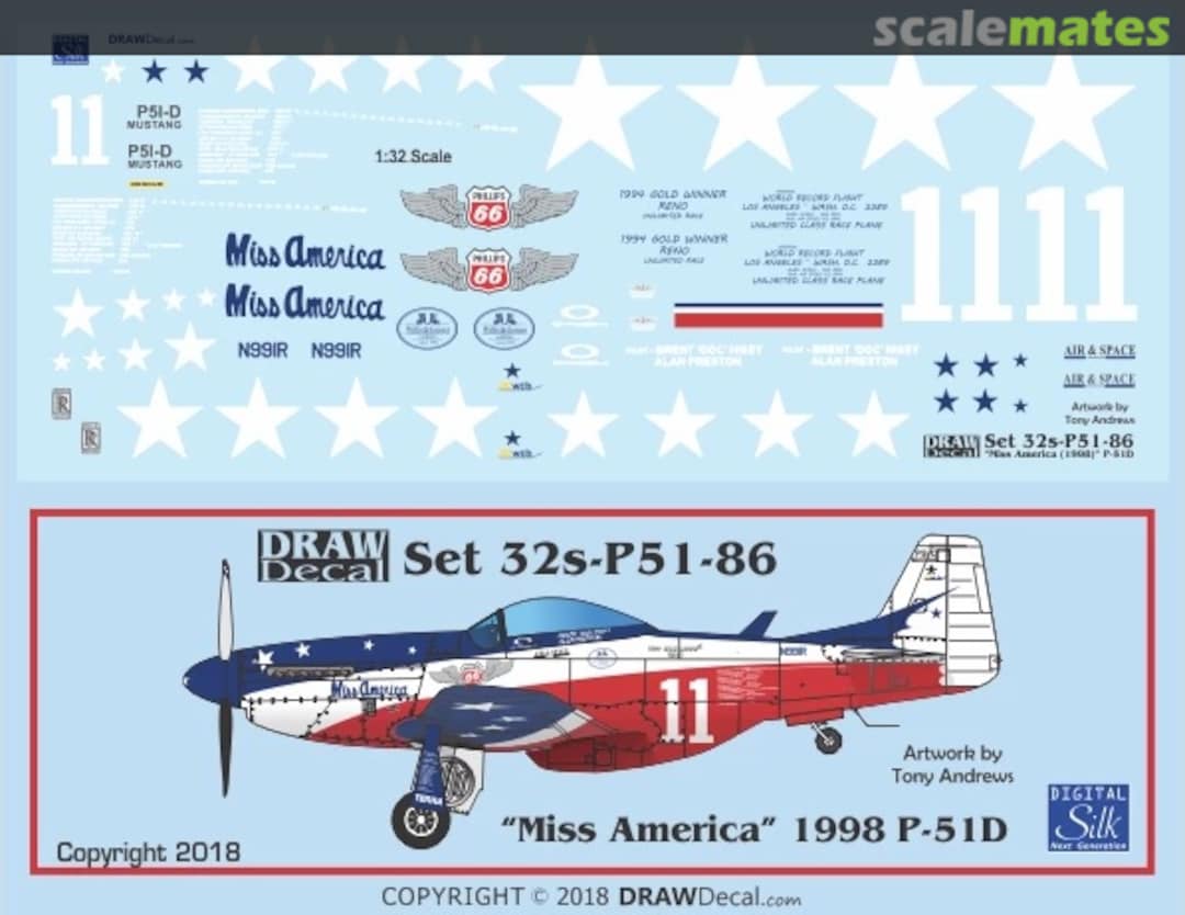 Boxart “Miss America” 1998 P-51D 32-P51-86 Draw Decal