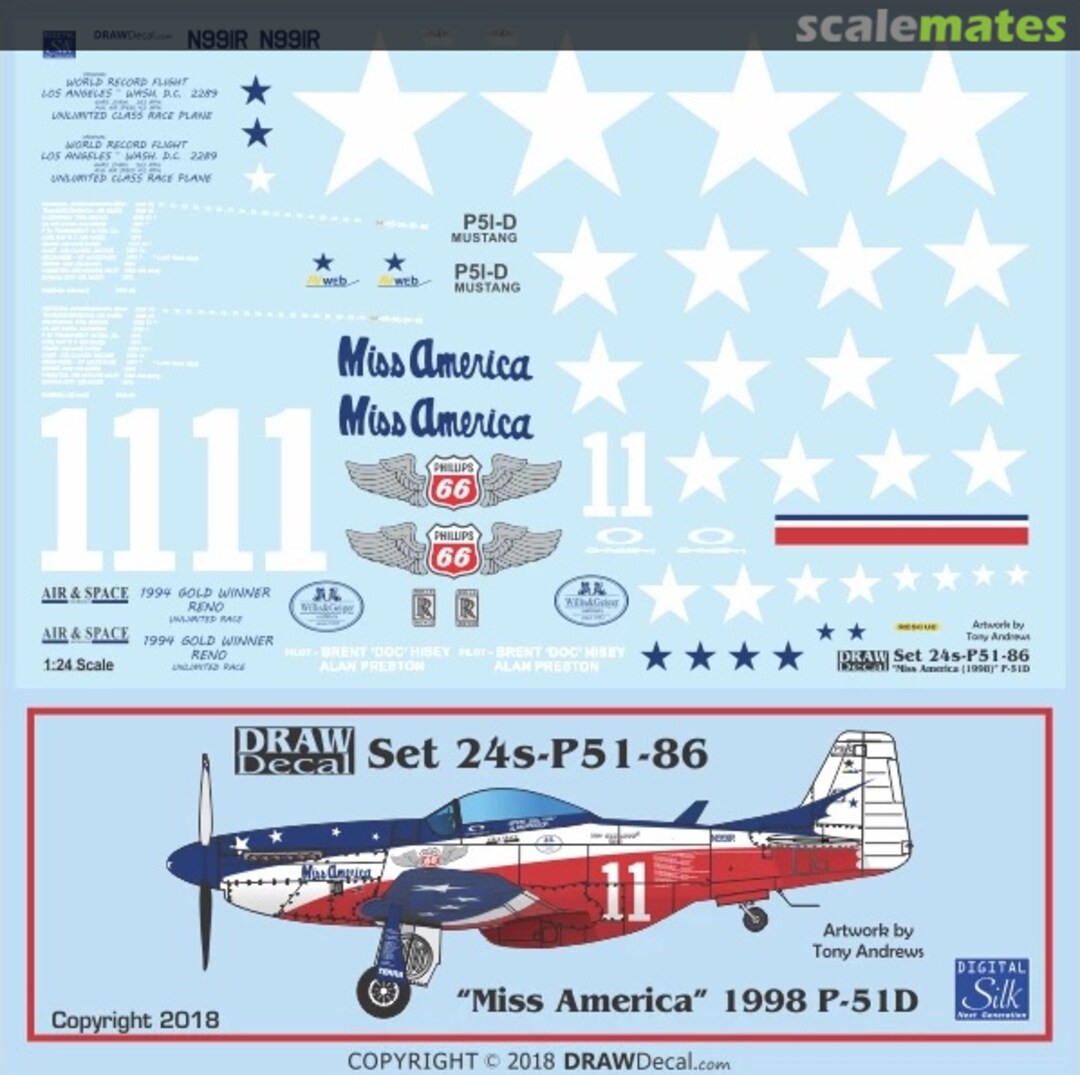 Boxart “Miss America” 1998 P-51D 24-P51-86 Draw Decal