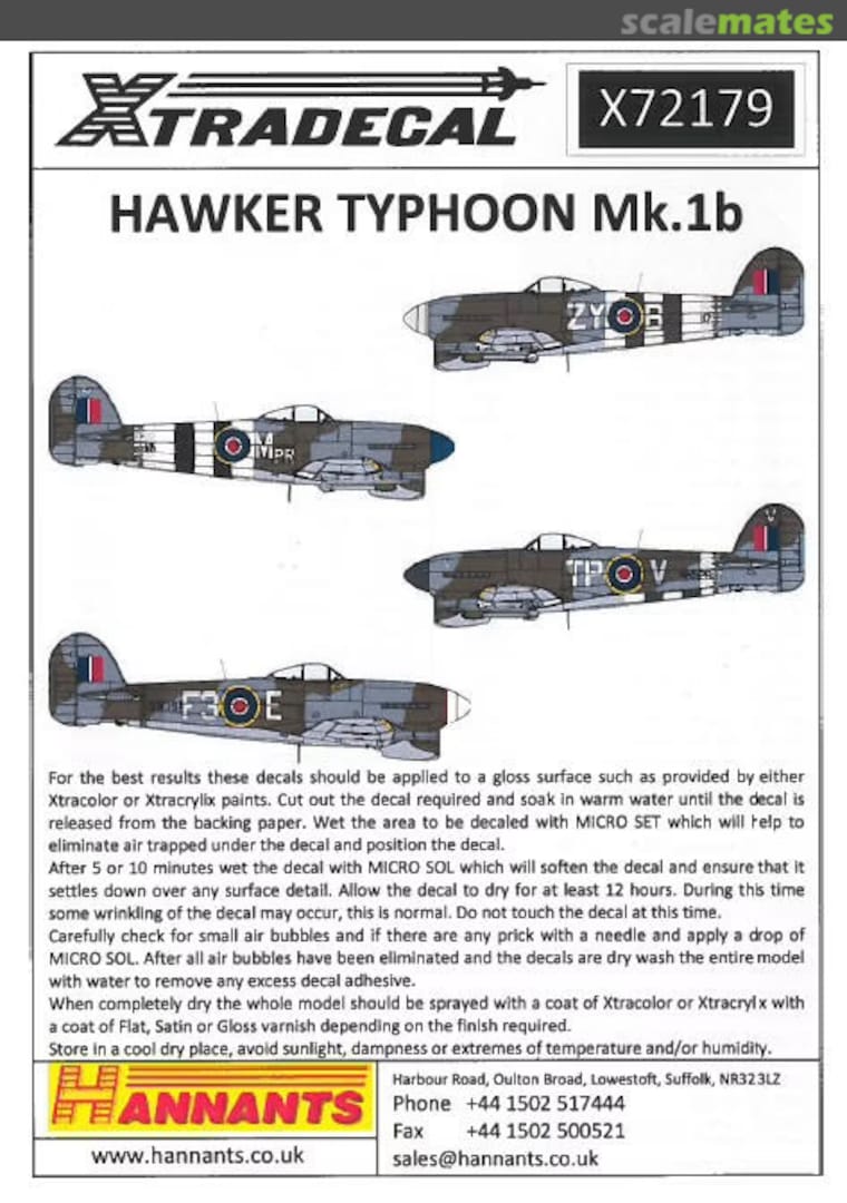 Contents Hawker Typhoon Mk.1B X72179 Xtradecal