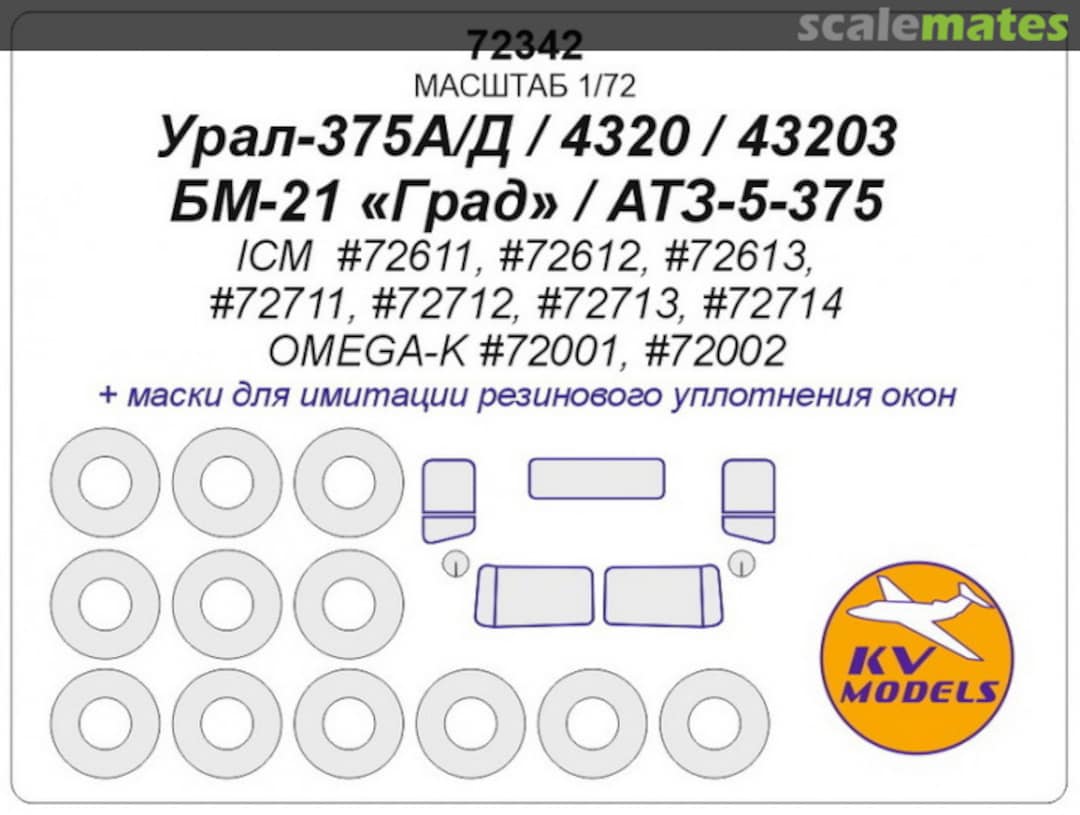 Boxart Painting masks for Ural-375A/D, 4320, 43203, BM-21 Grad, ATZ-5-375 + masks for disks and wheels 72342 KV Models