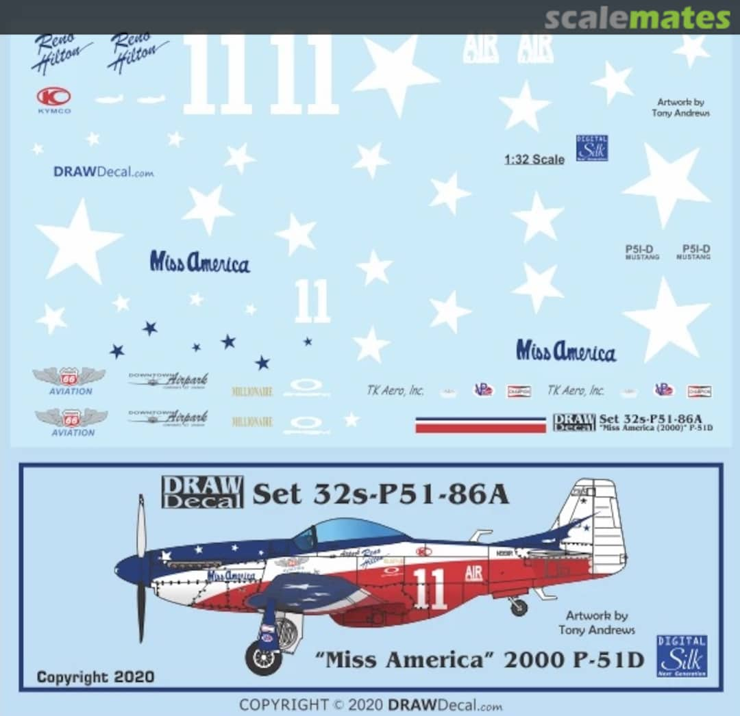 Boxart “Miss America” 2000 P-51D 32-P51-86A Draw Decal