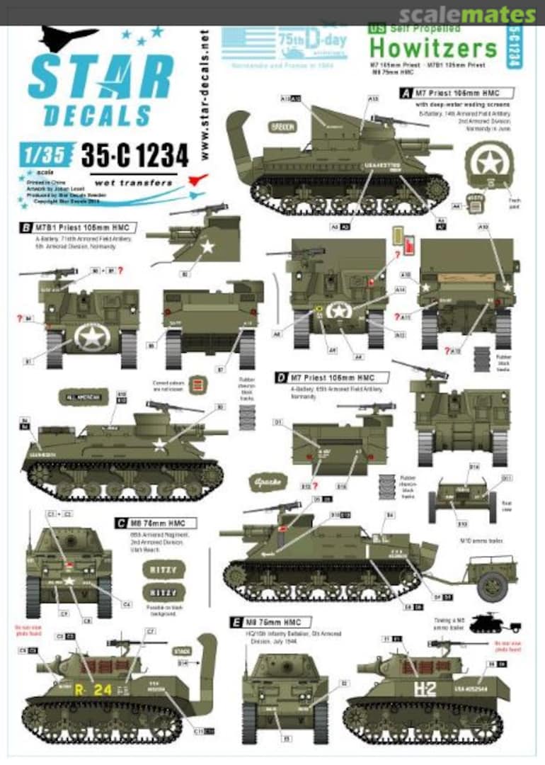 Boxart US S.P. Howitzers. M7 Priest and M8 HMC. 75th-D-Day-Special 35-C1234 Star Decals