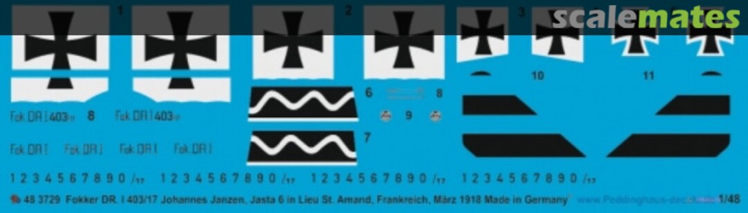 Boxart Fokker DR.I Johannes Janzen, Jasta 6 in Lieu St. Amand, Frankreich, März 1918 48 3729 Peddinghaus-Decals